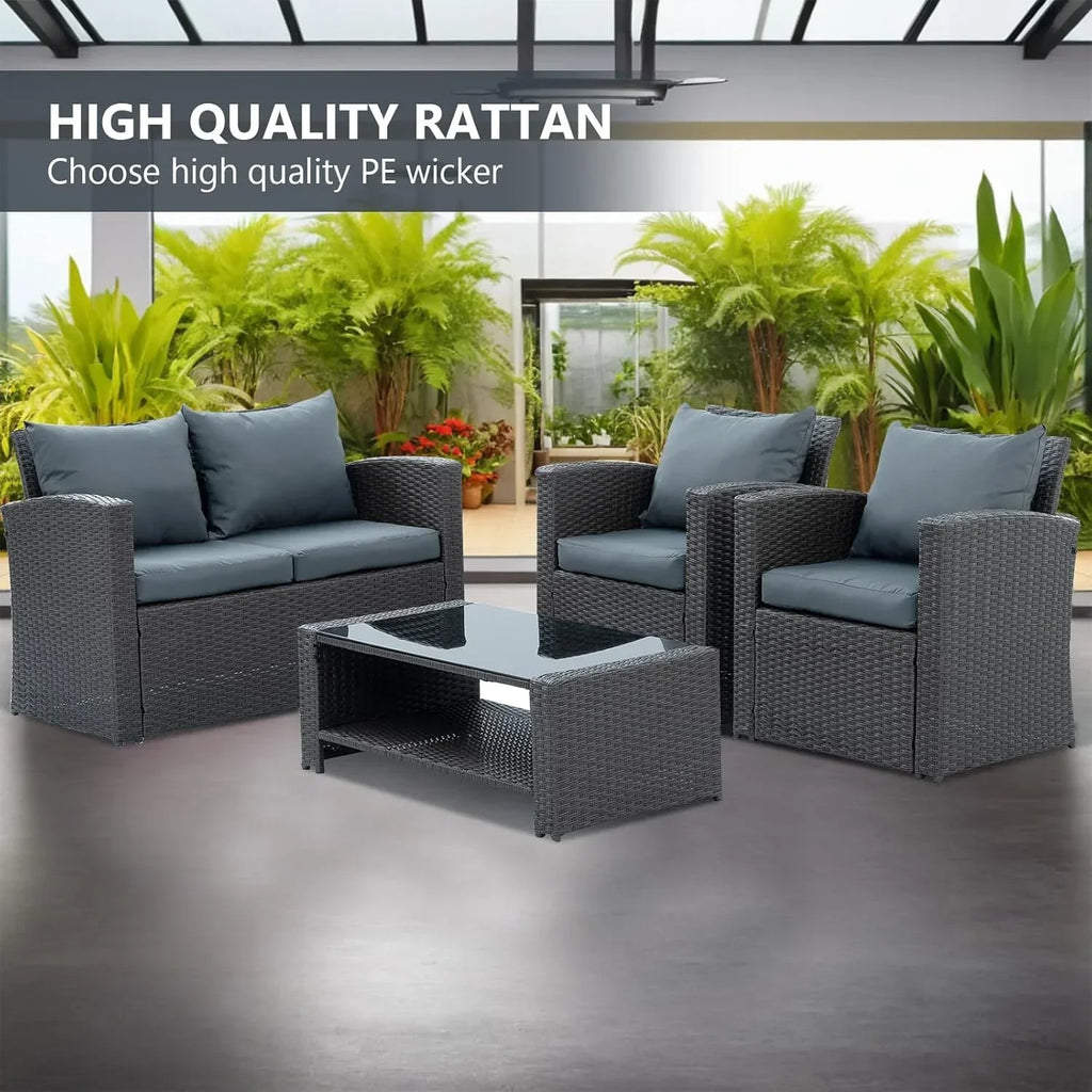 Nouveauté 2026 – Ensemble de mobilier de patio 7 pièces , canapé d'angle en rotin PE, ensemble de conversation avec coussins et table basse en verre, pour balcon, pelouse et jardin, gris