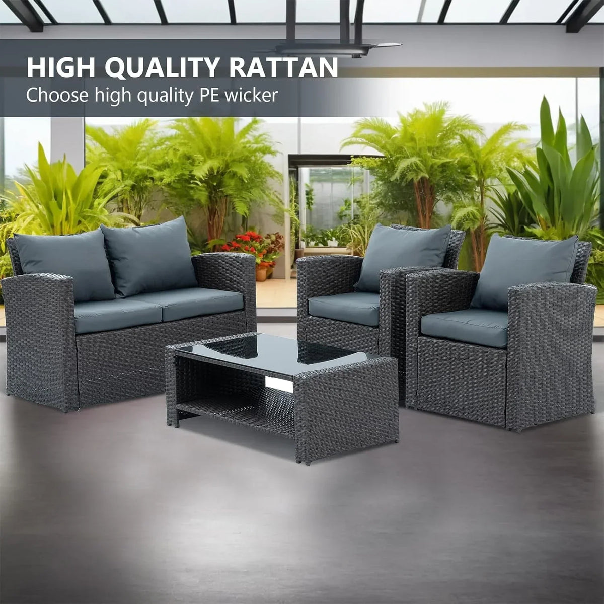 Nouveauté 2026 – Ensemble de mobilier de patio 7 pièces , canapé d'angle en rotin PE, ensemble de conversation avec coussins et table basse en verre, pour balcon, pelouse et jardin, gris