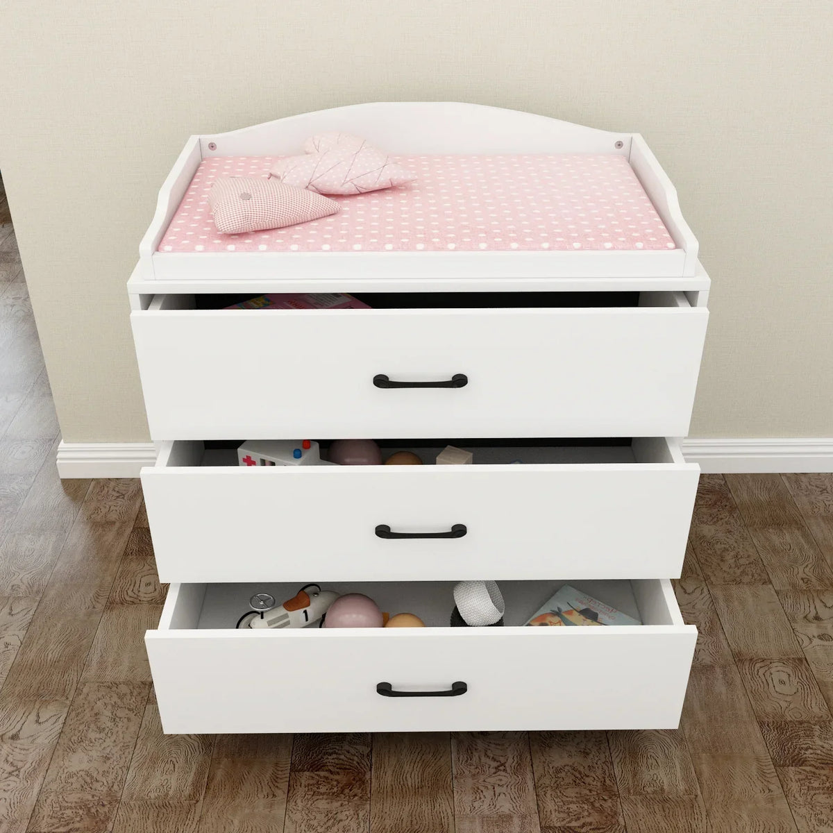 Nouveauté 2026 – Table à langer/commode pour chambre de bébé OXYLIFE , 114 cm (45 po), avec 4 tiroirs et une étagère, blanche