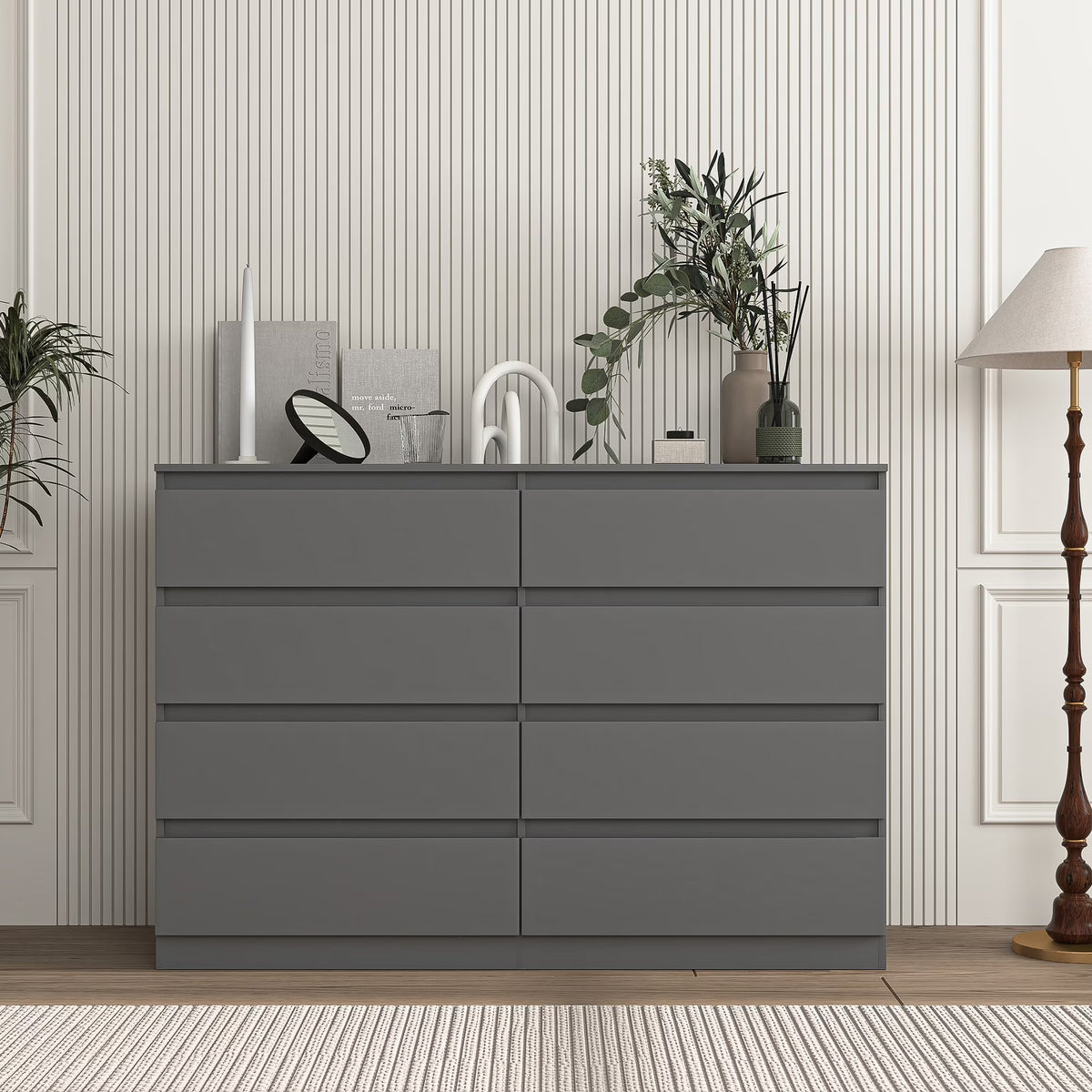 Nouveauté 2026 – Commode Resenkos moderne style milieu du siècle, 6 tiroirs, large, pour chambre à coucher, grise