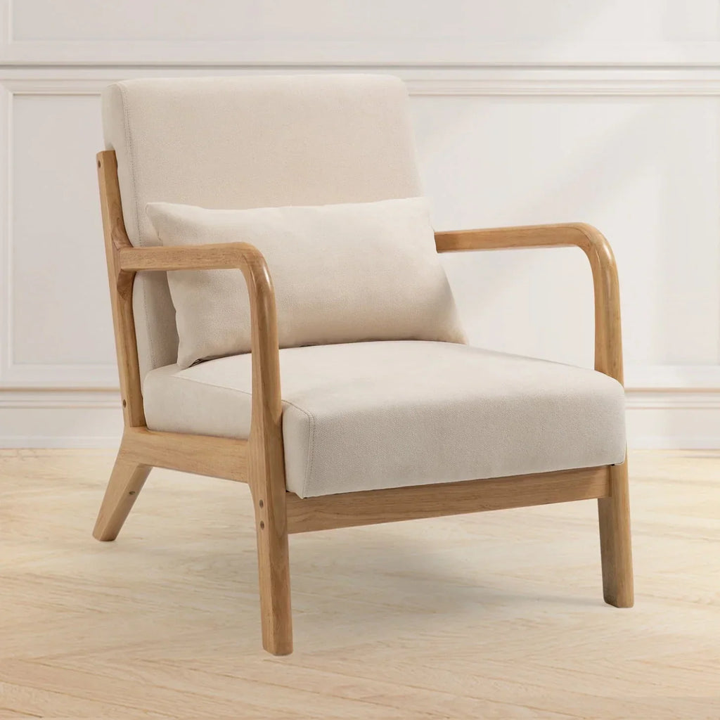 Nouveauté 2026 – Fauteuil de lecture Accent Chairs , fauteuil lounge en lin avec structure en bois massif, style moderne du milieu du siècle, montage facile, pour salon - Beige