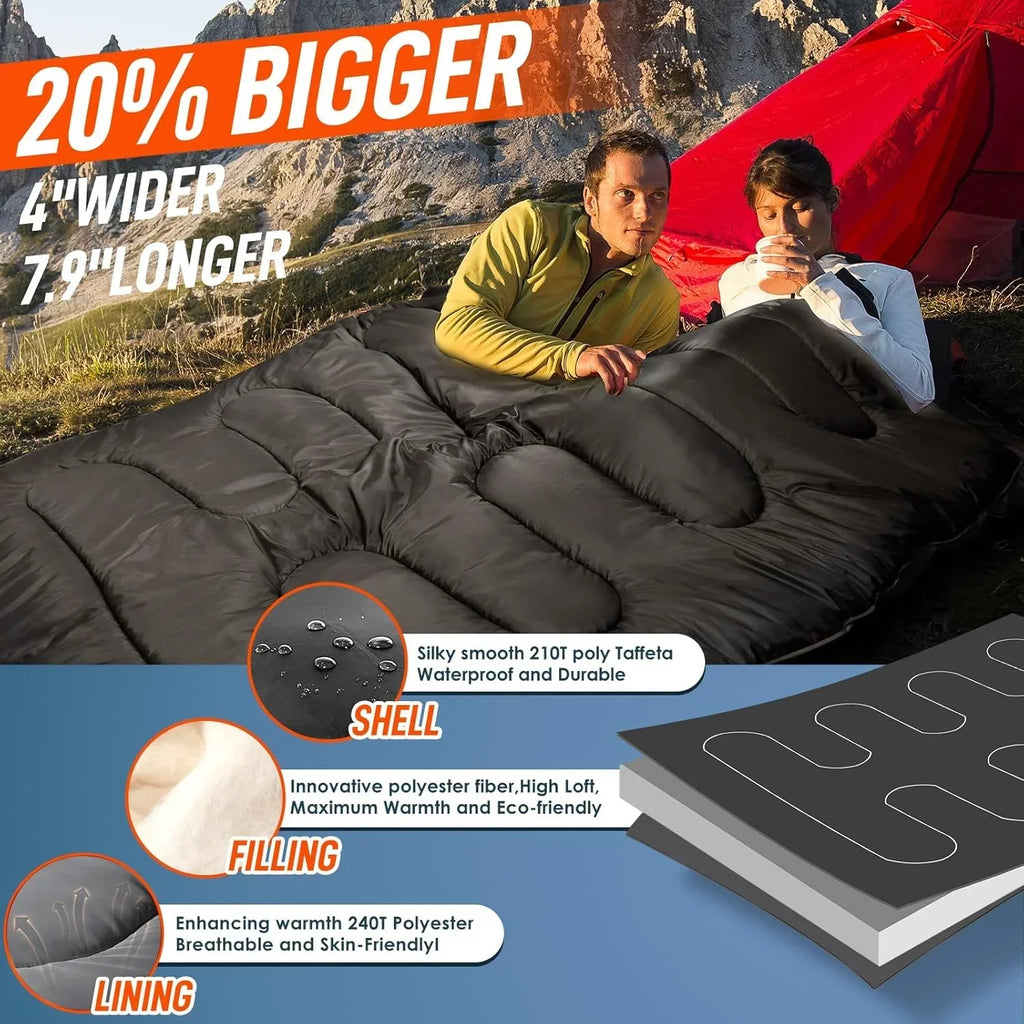 Nouveauté 2026 – Sac de couchage double pour adultes (hommes) avec oreiller, taille XL/Queen, idéal pour le camping, la randonnée et le trekking toutes saisons, par temps froid et chaud