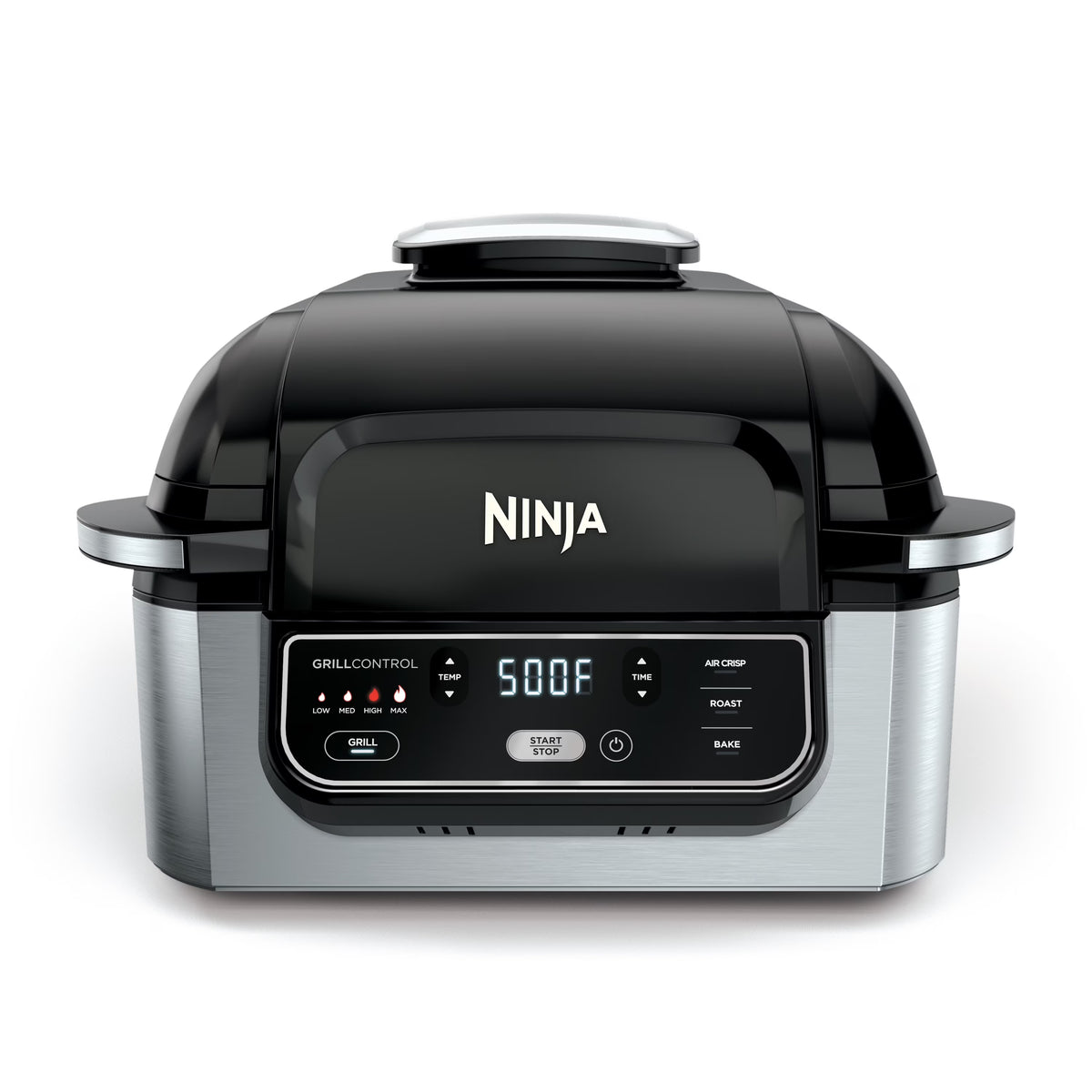 Nouveauté 2026 – Gril d'intérieur 4 en 1 Ninja Foodi avec friteuse à air de 4 pintes, rôtissage, cuisson au four et technologie de grillage cyclonique, noir/inox