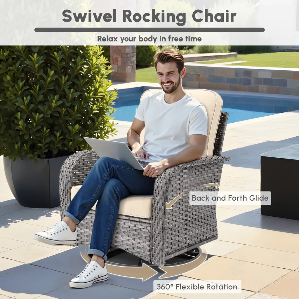 Nouveauté 2026 – Ensemble de mobilier de jardin 5 pièces Ovios , comprenant fauteuils pivotants et table basse, en résine tressée résistante aux intempéries, gris foncé