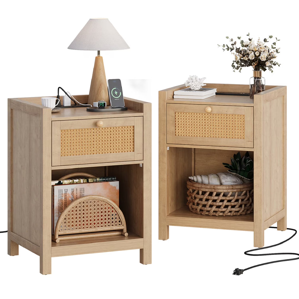 Nouveauté 2026 – Ensemble de 2 tables de chevet LGHM avec station de charge, style campagnard, avec tiroir, style bohème, pour chambre ou salon, en chêne