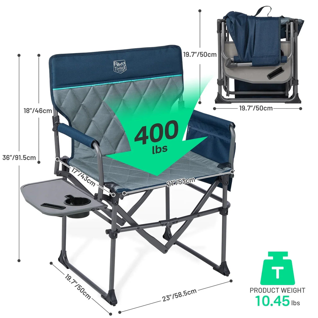 Nouveauté 2026 – Chaise de réalisateur portable TIMBER RIDGE , chaise de camping pliante robuste et compacte avec poche latérale et tablette latérale, supporte jusqu'à 181 kg, grise
