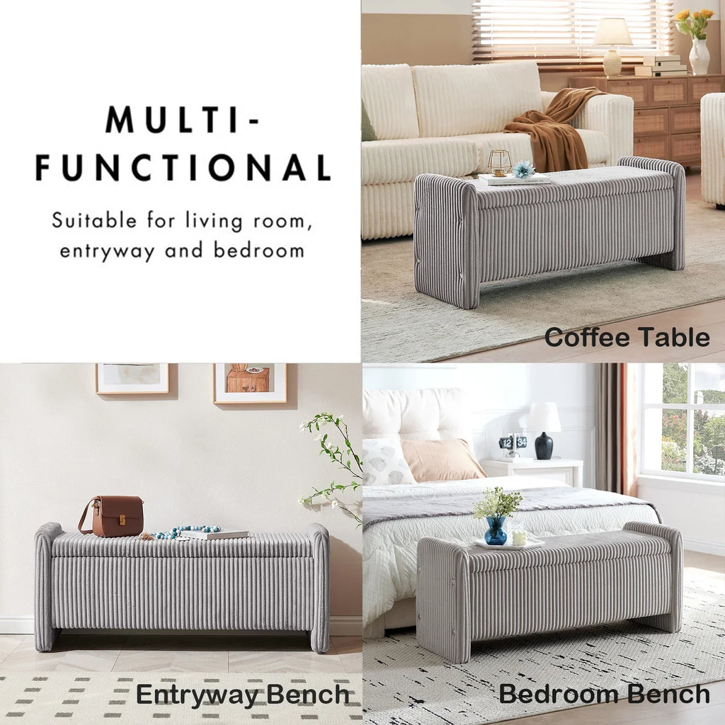 Nouveauté 2026 – Banc coffre Pinmoco de 112 cm (44 po), banc d'entrée rembourré avec rangement, idéal pour la chambre et le salon, en velours côtelé gris
