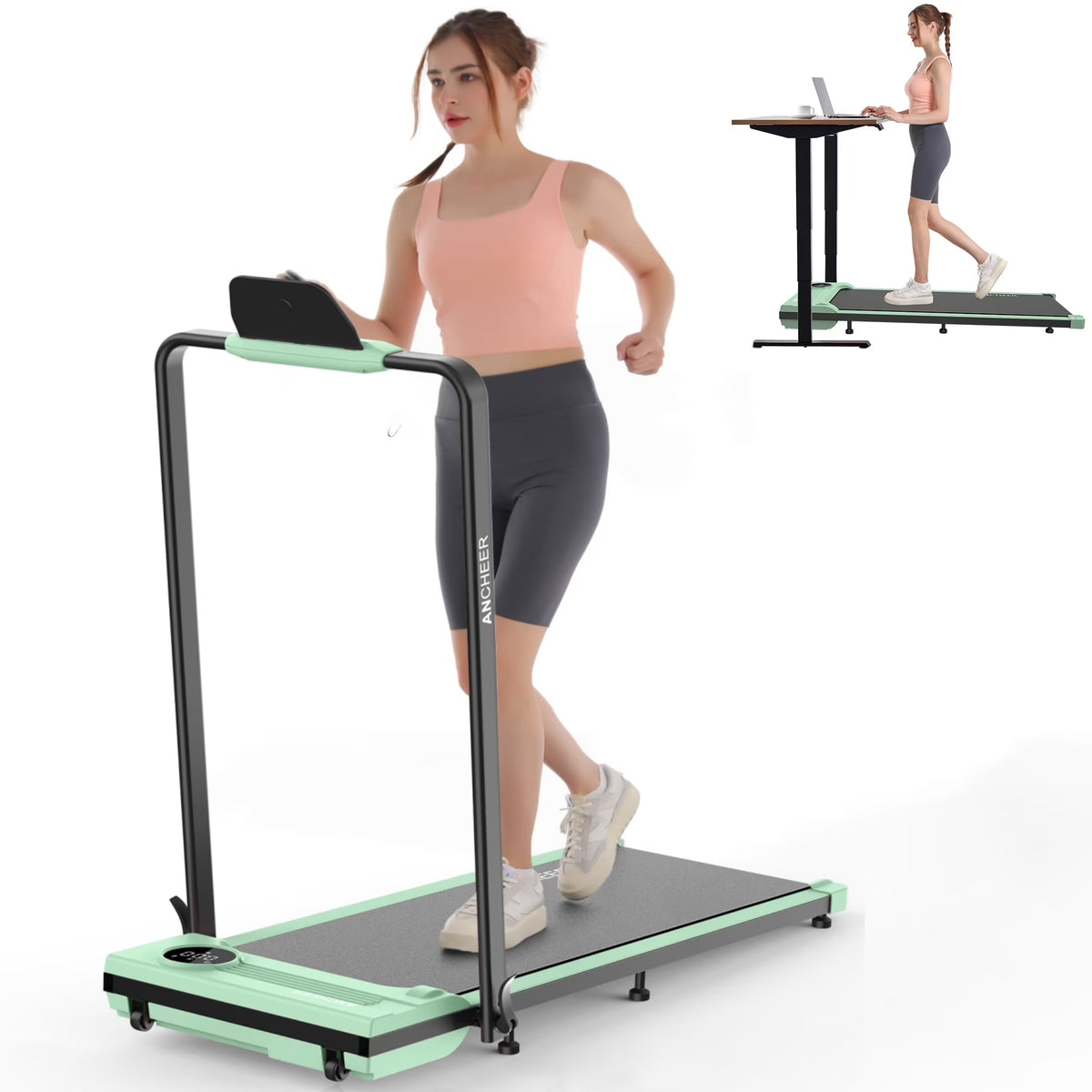 Nouveauté 2026 – Tapis de marche pliable et portable ANCHEER , capacité de 136 kg (300 lb), vitesse de 12 km/h (7,5 mi/h), à placer sous un bureau, avec télécommande et écran LED, 2 en 1, pour la maison, le bureau ou l'exercice (rose