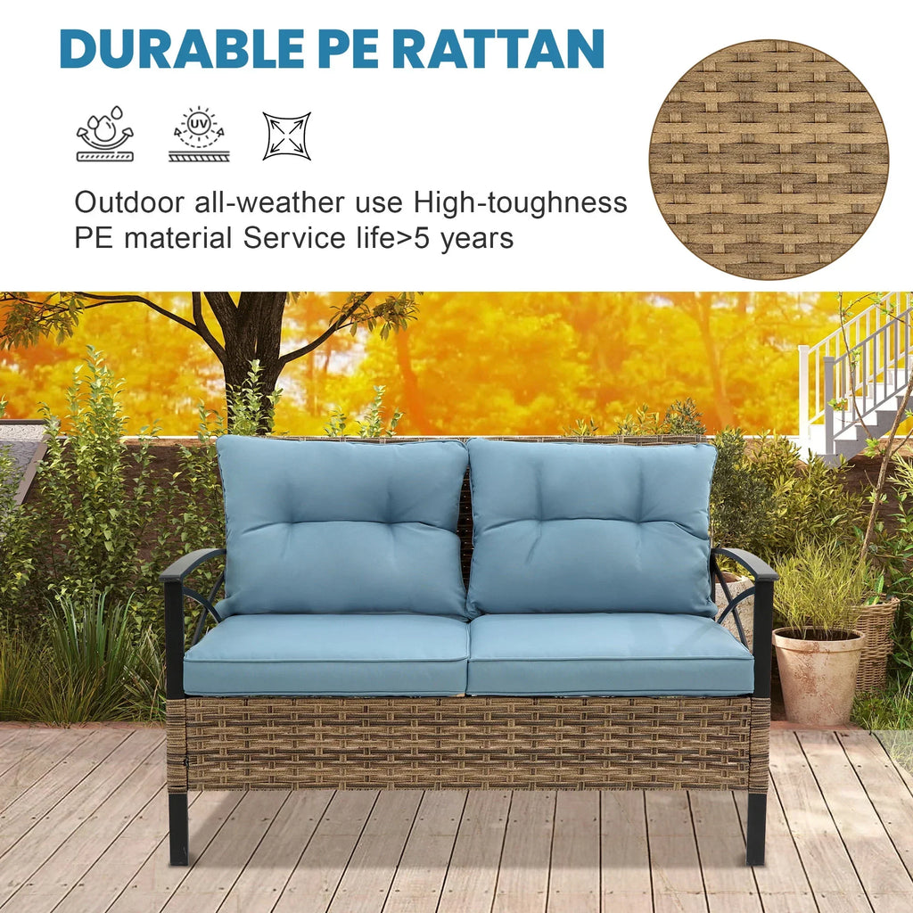 Nouveauté 2026 – Ensemble de mobilier de patio robuste , ensemble de conversation d'extérieur sectionnel 4 pièces, ensemble de canapé de patio en rotin PE marron avec coussins bleus
