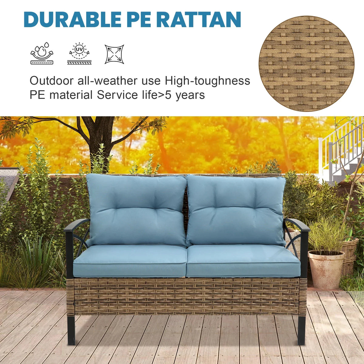 Nouveauté 2026 – Ensemble de mobilier de patio robuste , ensemble de conversation d'extérieur sectionnel 4 pièces, ensemble de canapé de patio en rotin PE marron avec coussins bleus
