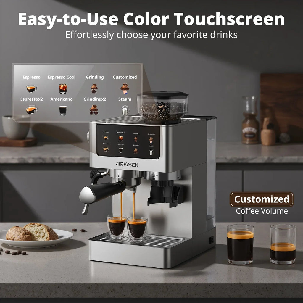 Nouveauté 2026 – Machine à expresso AIRMSEN avec broyeur intégré, permettant de personnaliser la mouture et le volume de café, idéale pour le cappuccino, le latte et l'americano. Finition en acier inoxydable brossé