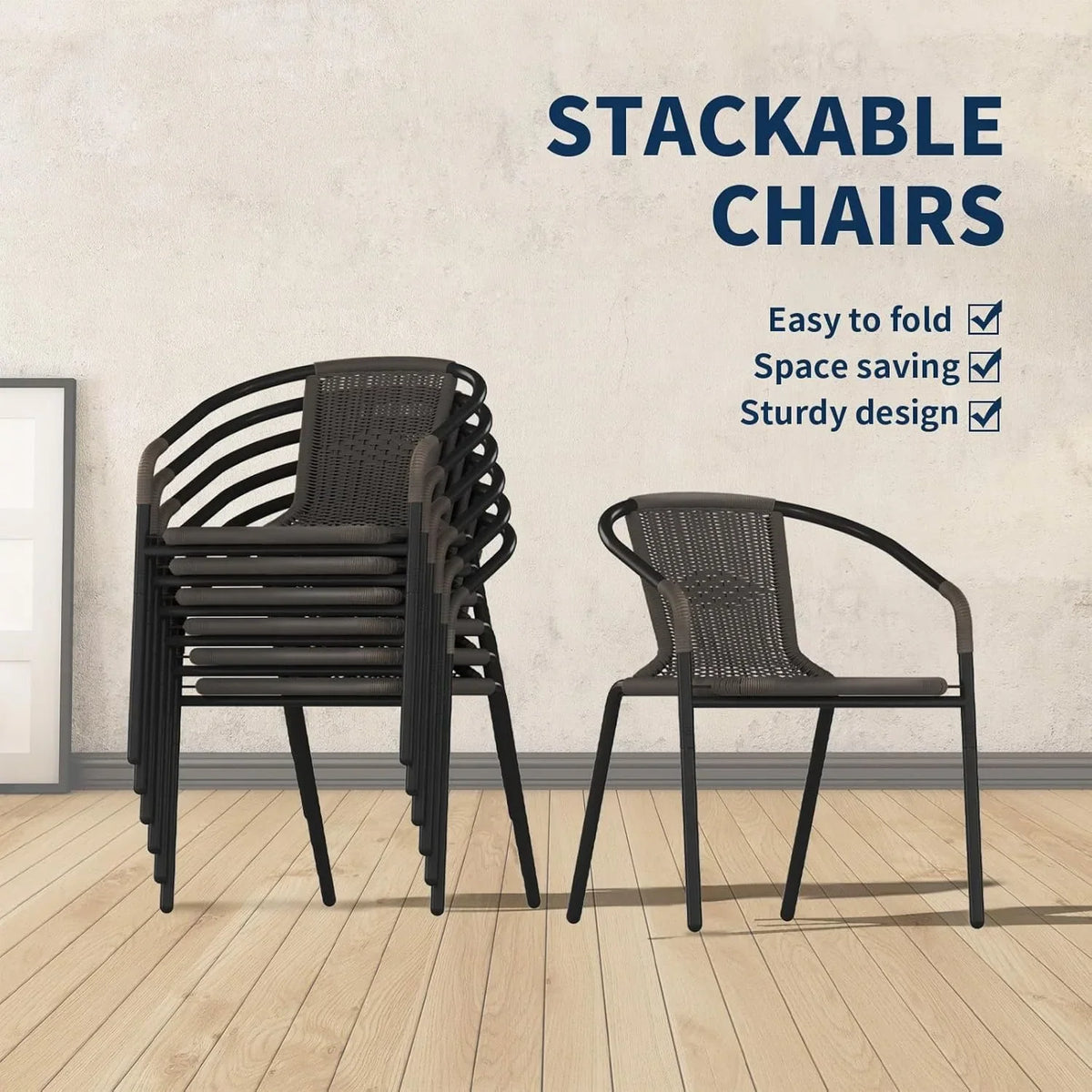Nouveauté 2026 – Ensemble de 6 chaises de jardin ELPOSUN , chaises de patio en osier avec structure en métal, chaises empilables en rotin pour bistro, terrasse, jardin, porche, restaurant (noir