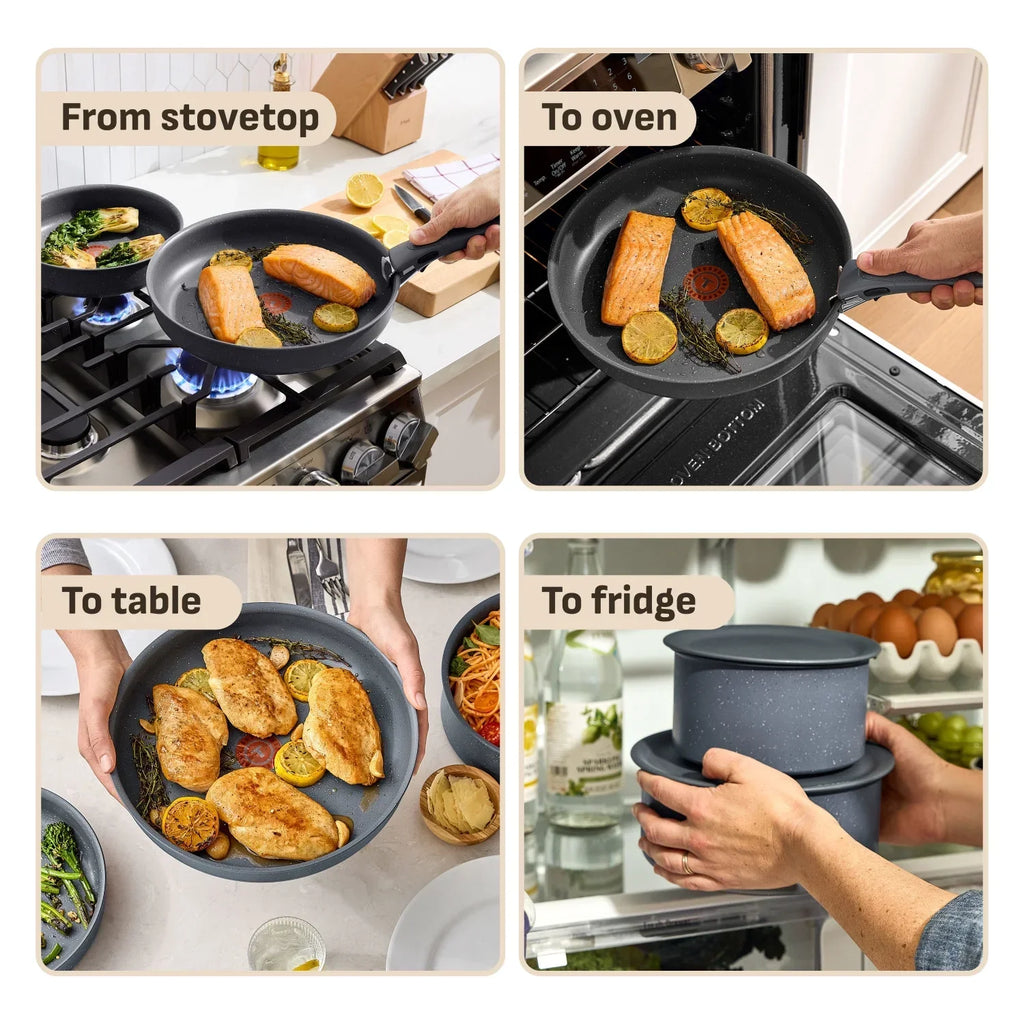 Nouveauté 2026 – Ensemble de 11 pièces antiadhésif T-fal Ingenio Essentials , poignée amovible, compatible four, gril et lave-vaisselle, idéal pour camping-car, couleur granit gris