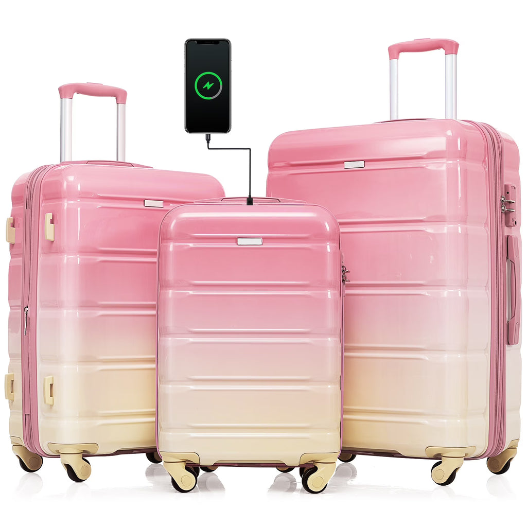 Nouveauté 2026 – Ensemble de 3 valises PAPROOS (51/61/71 cm), valise rigide légère avec port USB et crochets latéraux, bagage de voyage avec serrure TSA, valise à roulettes rigide pour l'école et les voyages, rose