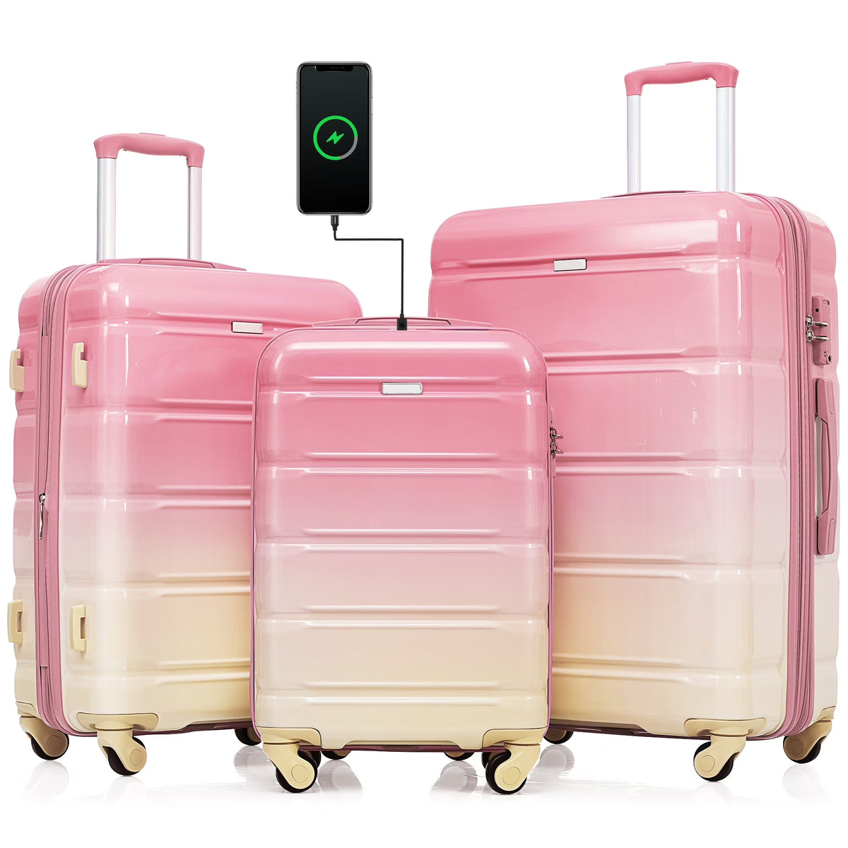 Nouveauté 2026 – Ensemble de 3 valises PAPROOS (51/61/71 cm), valise rigide légère avec port USB et crochets latéraux, bagage de voyage avec serrure TSA, valise à roulettes rigide pour l'école et les voyages, rose