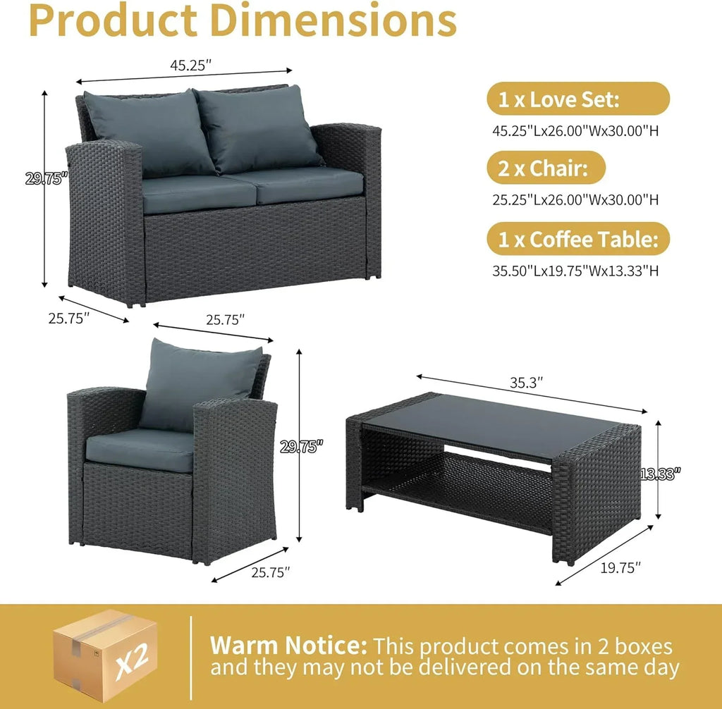 Nouveauté 2026 – Ensemble de mobilier de patio 7 pièces , canapé d'angle en rotin PE, ensemble de conversation avec coussins et table basse en verre, pour balcon, pelouse et jardin, gris
