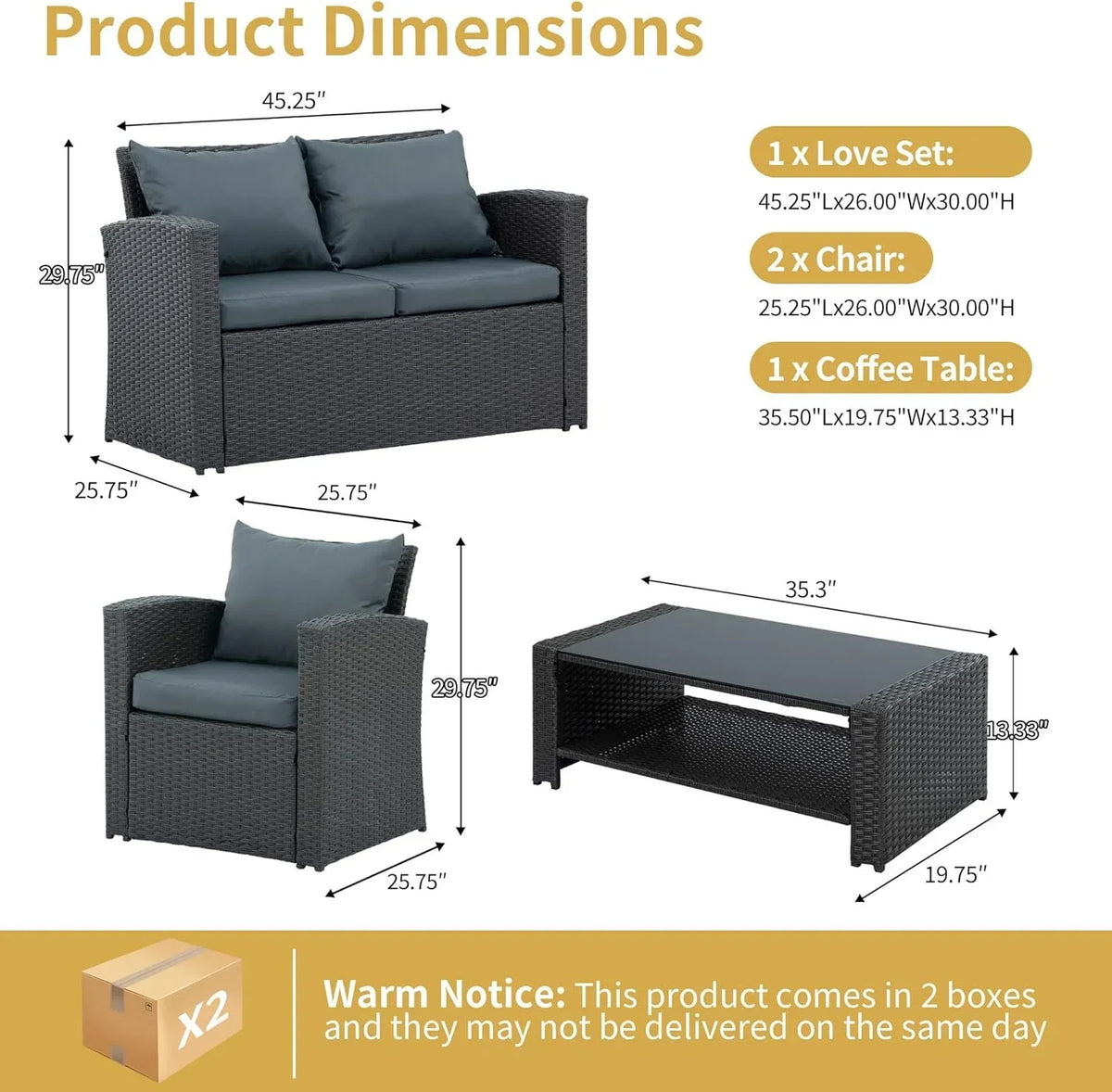 Nouveauté 2026 – Ensemble de mobilier de patio 7 pièces , canapé d'angle en rotin PE, ensemble de conversation avec coussins et table basse en verre, pour balcon, pelouse et jardin, gris