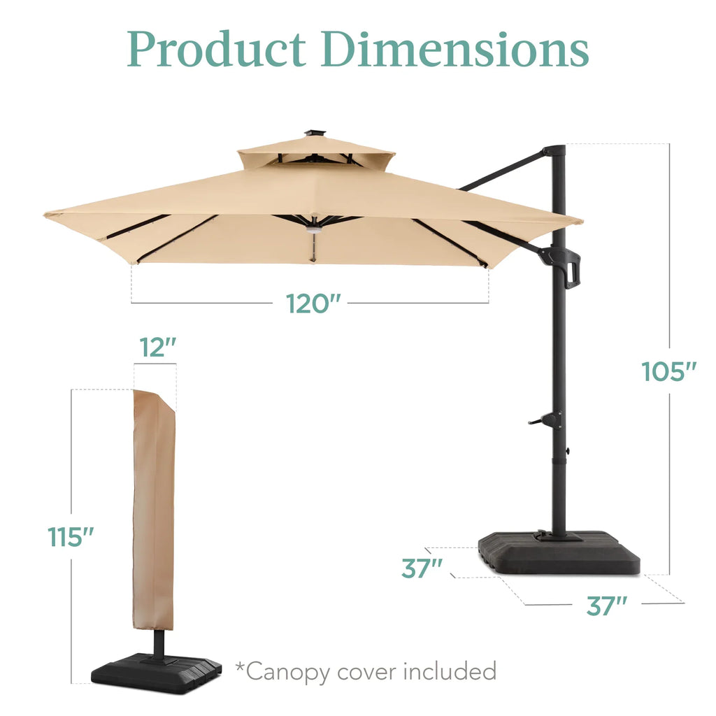 Nouveauté 2026 – Parasol de terrasse carré déporté à deux niveaux, 3 x 3 m, à éclairage solaire LED, avec base incluse (Best Choice Products, ) - Beige