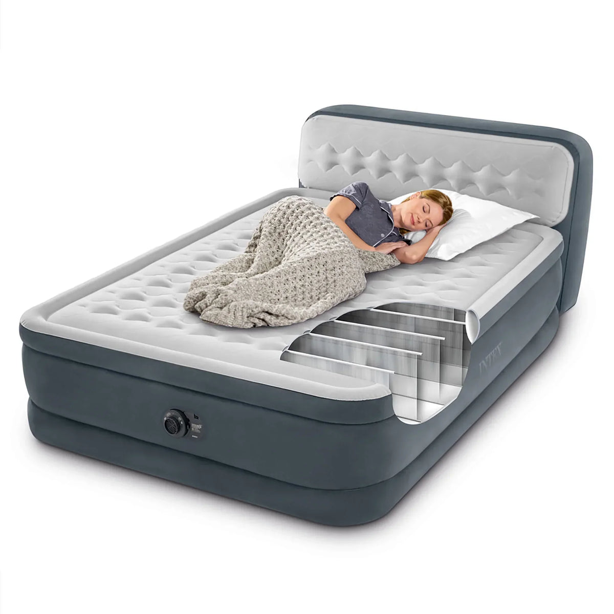 Nouveauté 2026 – D'Intex : Dura-Beam Deluxe : Matelas gonflable avec tête de lit ultra moelleuse - Queen - Gris, matelas gonflable de 45 cm, pompe intégrée, technologie Fiber-Tech, sac de transport, capacité de charge de 272 kg (64447ED