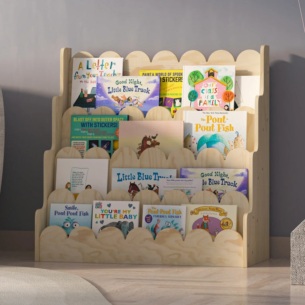Nouveauté 2026 – Étagère Montessori en bois pour enfants - Présentoir à livres festonné à 4 niveaux, rangement pour livres et jouets de bébé/tout-petit, rangement mixte pour salle de jeux ou classe