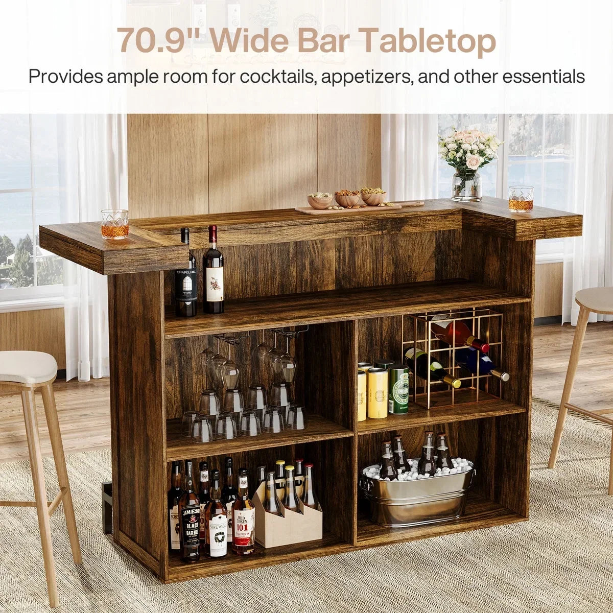 Nouveauté 2026 – Table de bar à 4 niveaux Tribesigns , grand meuble bar de 180 cm avec porte-verres à vin et repose-pieds noir, pour cuisine, salle à manger, salon, pub, marron rustique
