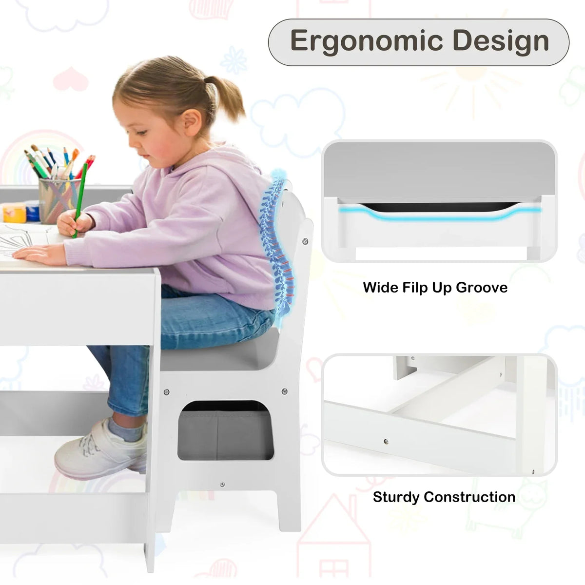 Nouveauté 2026 – Ensemble table et 2 chaises pour enfants LINLUX , table d'activités avec tableau noir/blanc, gris