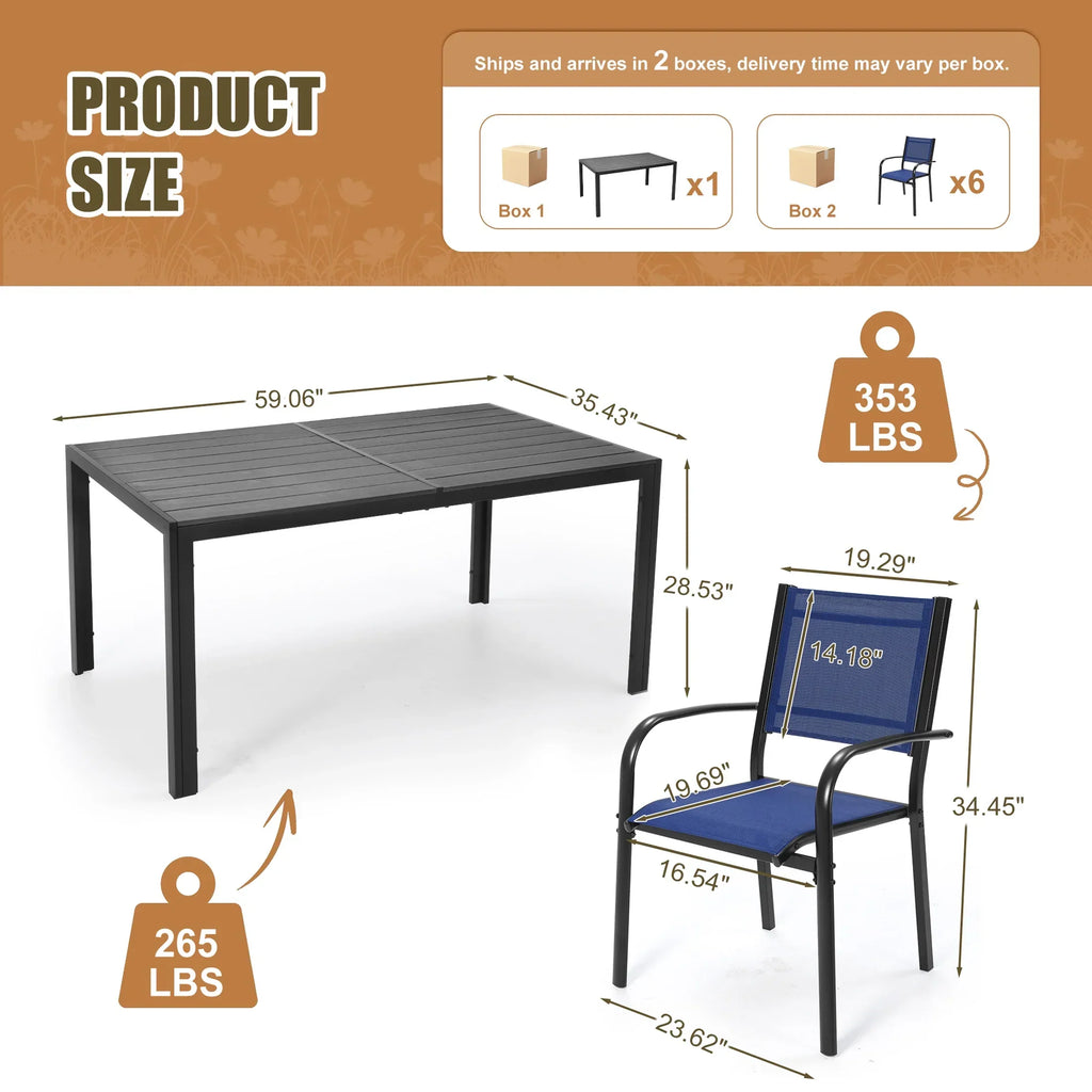 Nouveauté 2026 – Ensemble de salle à manger d'extérieur 7 pièces , comprenant une table et des chaises pour 6 personnes, un plateau en plastique imitation bois et un mobilier de jardin en textilène. Idéal pour terrasse ou patio