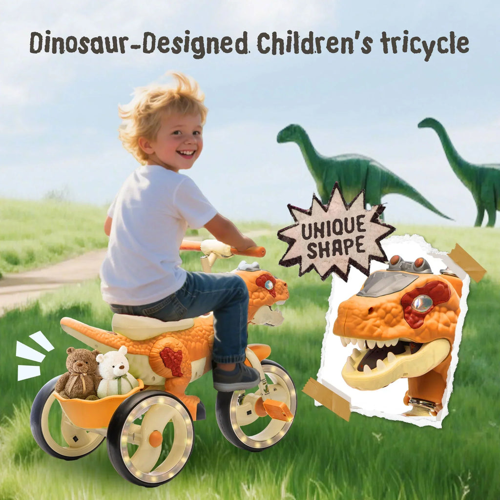 Nouveauté 2026 – Tricycle dinosaure Xuanlur pour enfants , avec larges roues lumineuses, pédales antidérapantes, panier arrière, musique et lumières LED, jouet idéal pour les enfants de 3 à 6 ans (vert