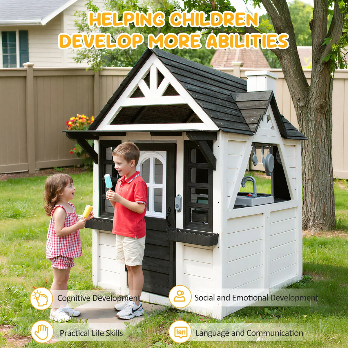 Nouveauté 2026 – Maisonnette d'extérieur COCLUB pour enfants de 4 à 8 ans, en bois, avec sonnette, téléphone et jouets de cuisine. Dimensions : 114 cm (L) x 165 cm (H). Couleurs : blanc et noir