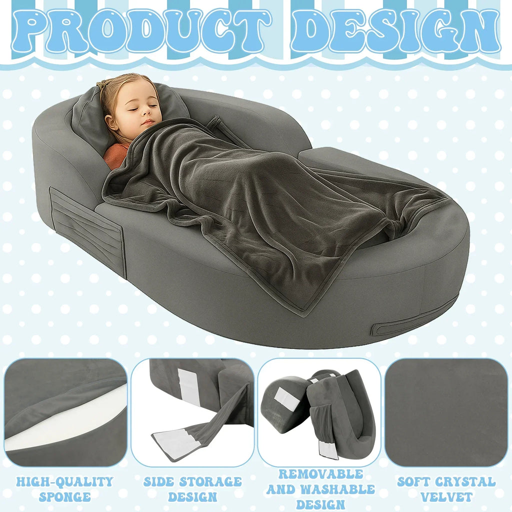 Nouveauté 2026 – Lit de voyage pour tout-petits Coumy 2-en-1 avec housse amovible, matelas pliable et portable en mousse souple, sac de transport inclus, bleu
