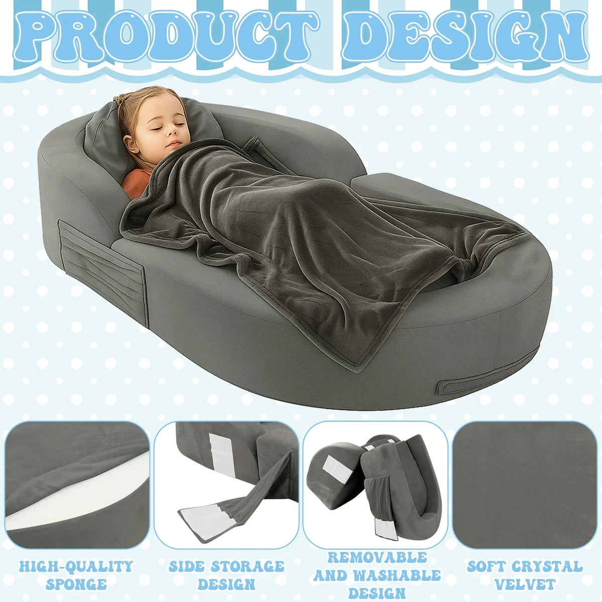Nouveauté 2026 – Lit de voyage pour tout-petits Coumy 2-en-1 avec housse amovible, matelas pliable et portable en mousse souple, sac de transport inclus, bleu
