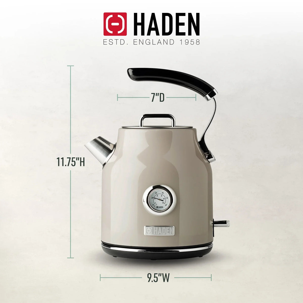 Nouveauté 2026 – Bouilloire électrique Haden Dorset 1,7 litre avec socle, mastic et chrome