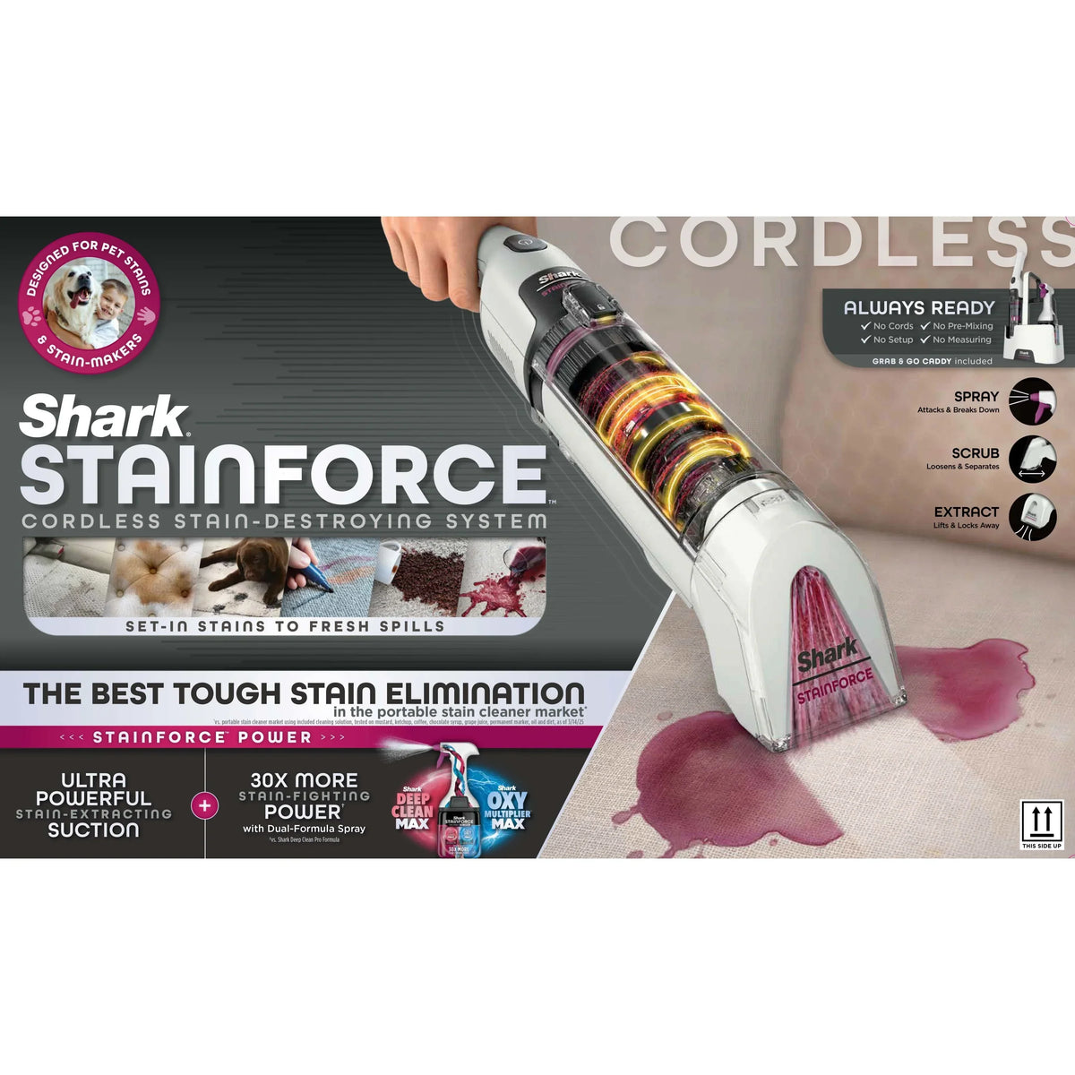 Nouveauté 2026 – Système portable sans fil Shark StainForce pour éliminer les taches et les odeurs sur les tapis, moquettes, tissus d'ameublement, escaliers et voitures, avec panier de rangement et solution de nettoyage pleine grandeur, blanc, HX100