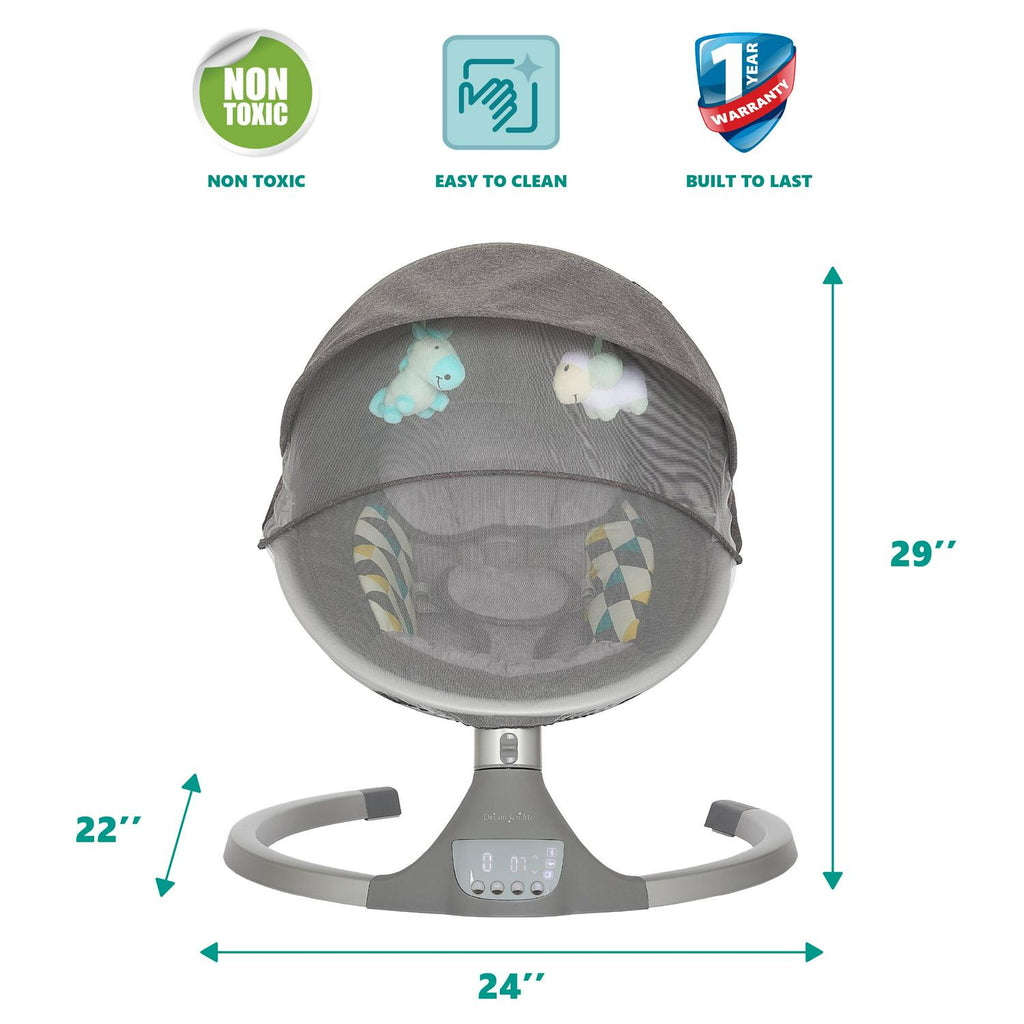 Nouveauté 2026 – Balancelle pour bébé Dream On Me Zazu . Balancelle pour nourrisson. 5 vitesses de balancement. Deux jouets intégrés. Connectivité Bluetooth et télécommande. Gris et bleu