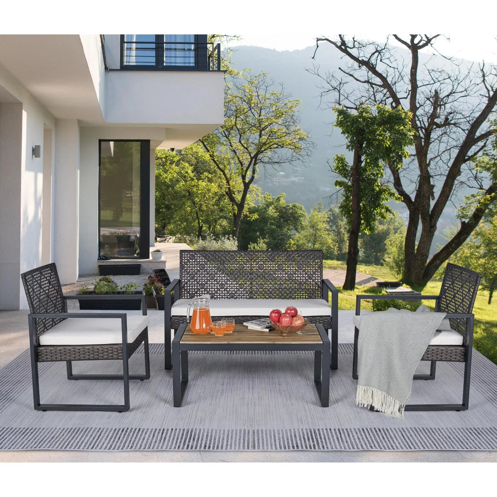Nouveauté 2026 – Ensemble de mobilier de patio robuste , ensemble de conversation d'extérieur sectionnel 4 pièces, ensemble de canapé de patio en rotin PE marron avec coussins bleus