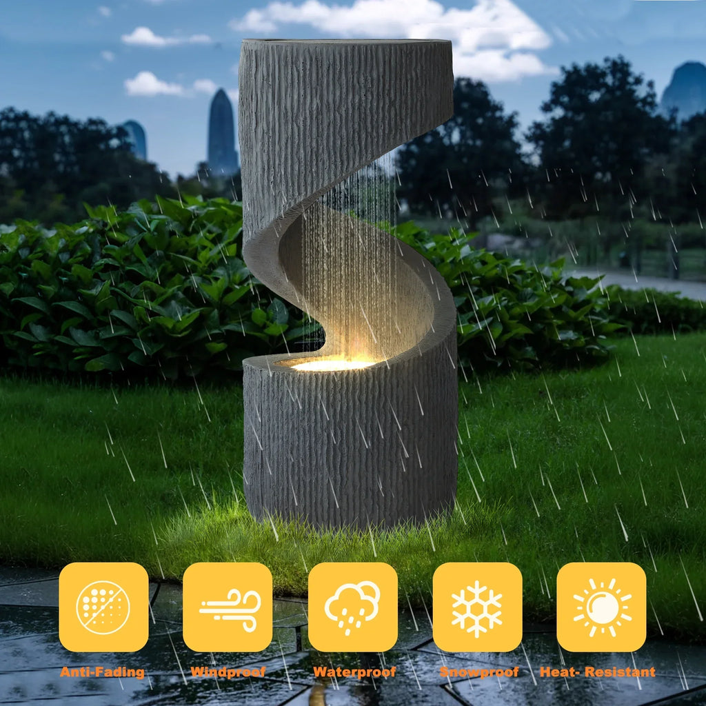 Nouveauté 2026 – Fontaine d'extérieur en forme de S Magic Union , fontaine d'intérieur à cascade en spirale avec lumières LED et pompe, fontaine incurvée en résine pour patio, cour, terrasse, porche et décoration intérieure