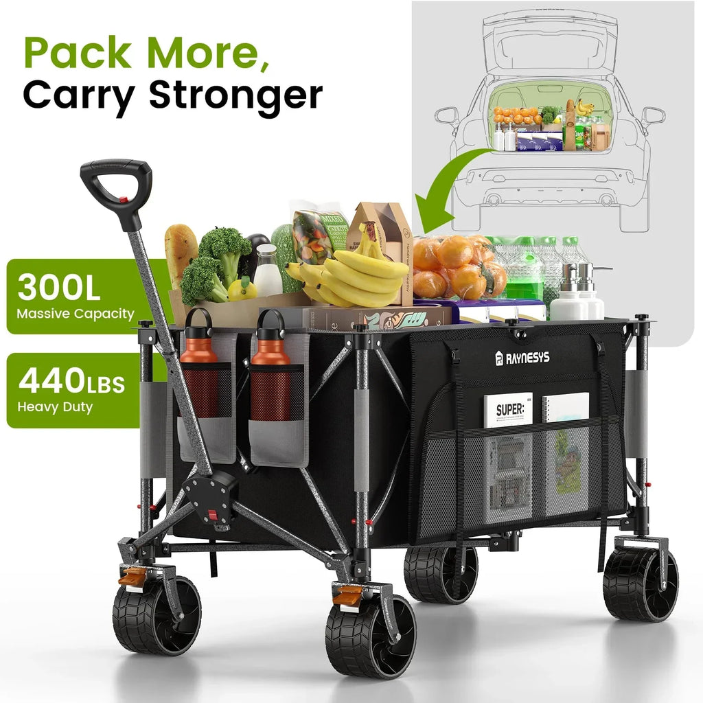 Nouveauté 2026 – Chariot pliable Raynesys 300L avec roues, , capacité de 200 kg, robuste, idéal pour la plage, les sports de sable, le camping et les courses, noir et gris