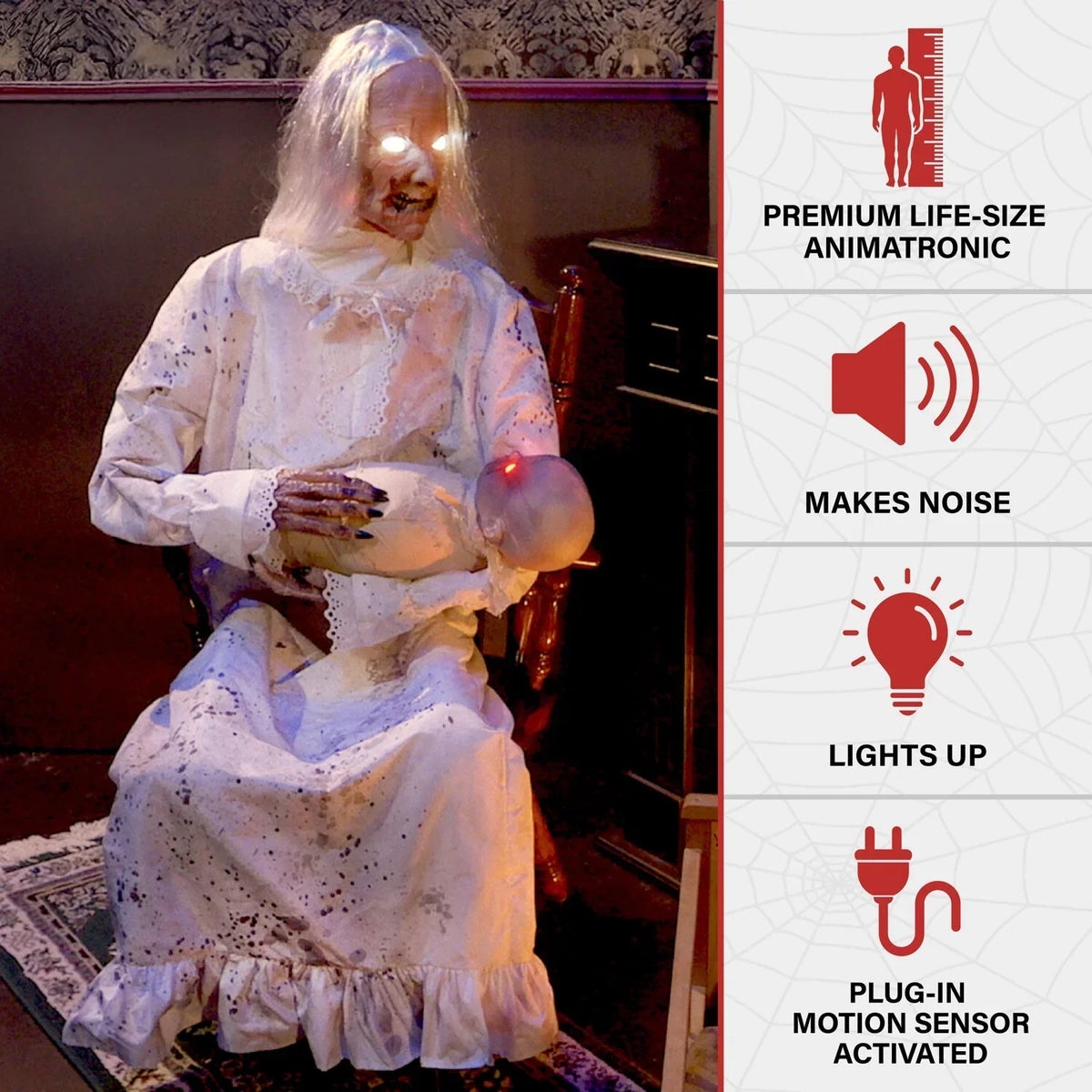 Nouveauté 2026 – Décoration d'Halloween Tekky Haunted Hill Farm : Mamie Gravely animatronique de 88 cm (2,9 pi) avec sons activés par le mouvement, HHGRVLYGRNY-1FLSA
