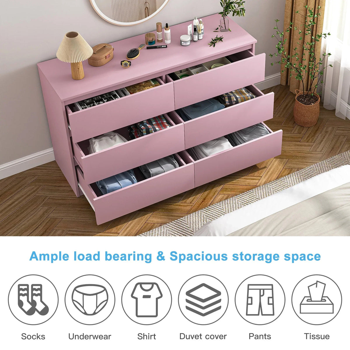 Nouveauté 2026 – Commode Resenkos moderne style milieu du siècle, 6 tiroirs, large, pour chambre à coucher, grise