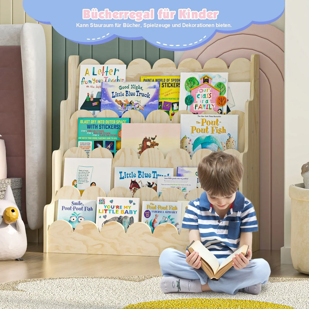 Nouveauté 2026 – Étagère Montessori en bois pour enfants - Présentoir à livres festonné à 4 niveaux, rangement pour livres et jouets de bébé/tout-petit, rangement mixte pour salle de jeux ou classe