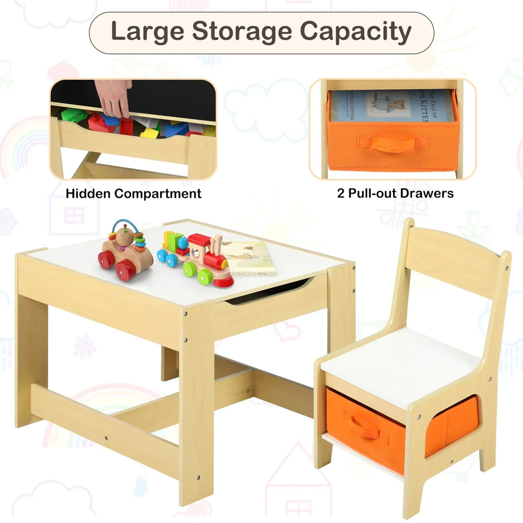 Nouveauté 2026 – Ensemble table et 2 chaises pour enfants LINLUX , table d'activités avec tableau noir/blanc, gris