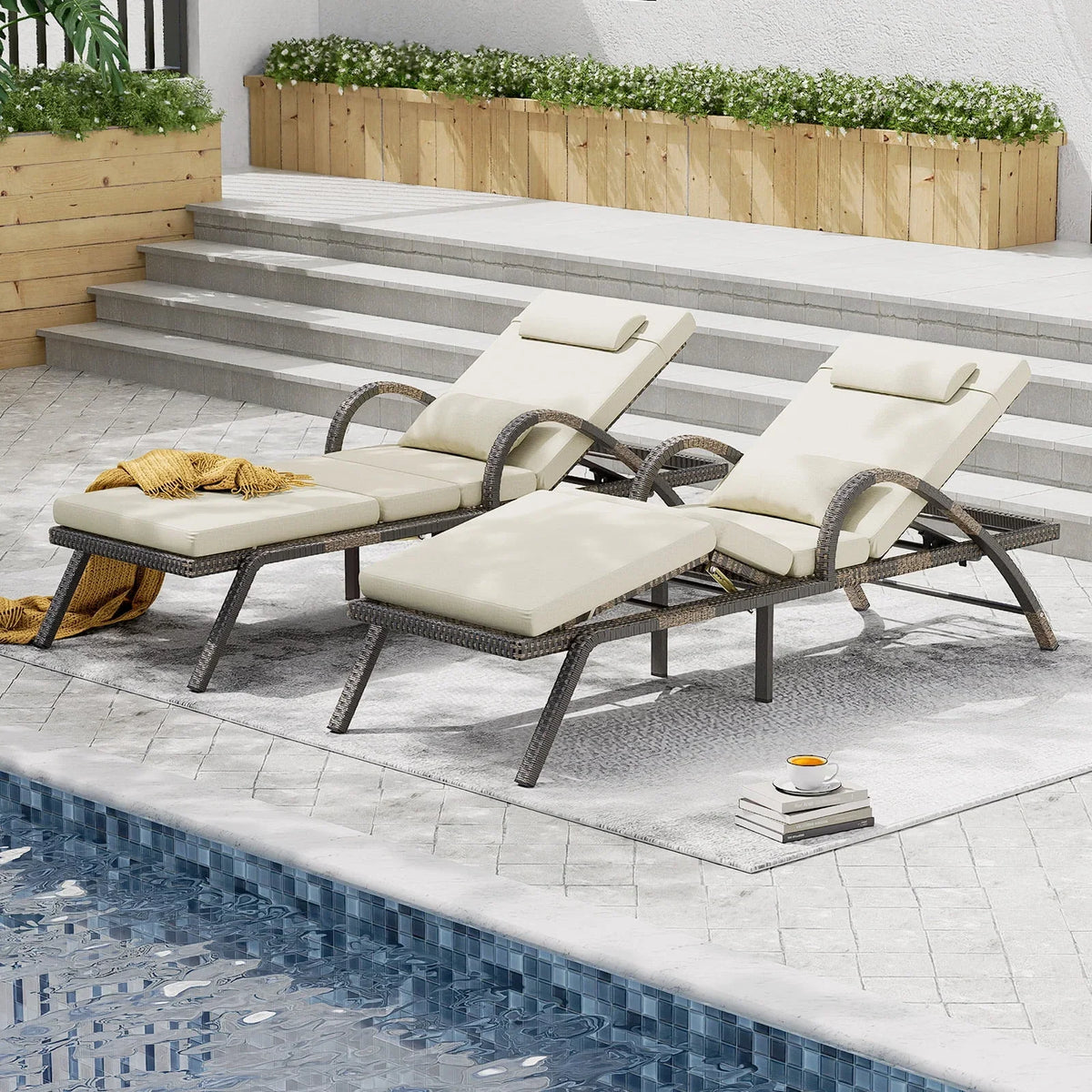 Nouveauté 2026 – MEISSALIVVE Ensemble de 4 chaises longues d'extérieur, chaises de piscine avec dossier réglable à 5 positions, chaise longue en rotin PE pour terrasse, porche et jardin (gris
