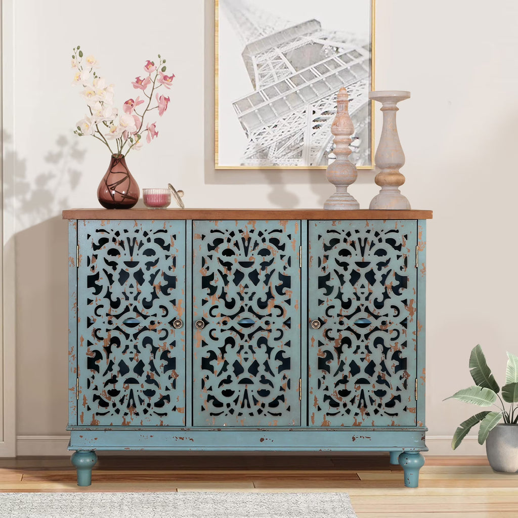 Nouveauté 2026 – Crédences et buffets sculptés creux Sophia & William , bois bleu, 2 étagères