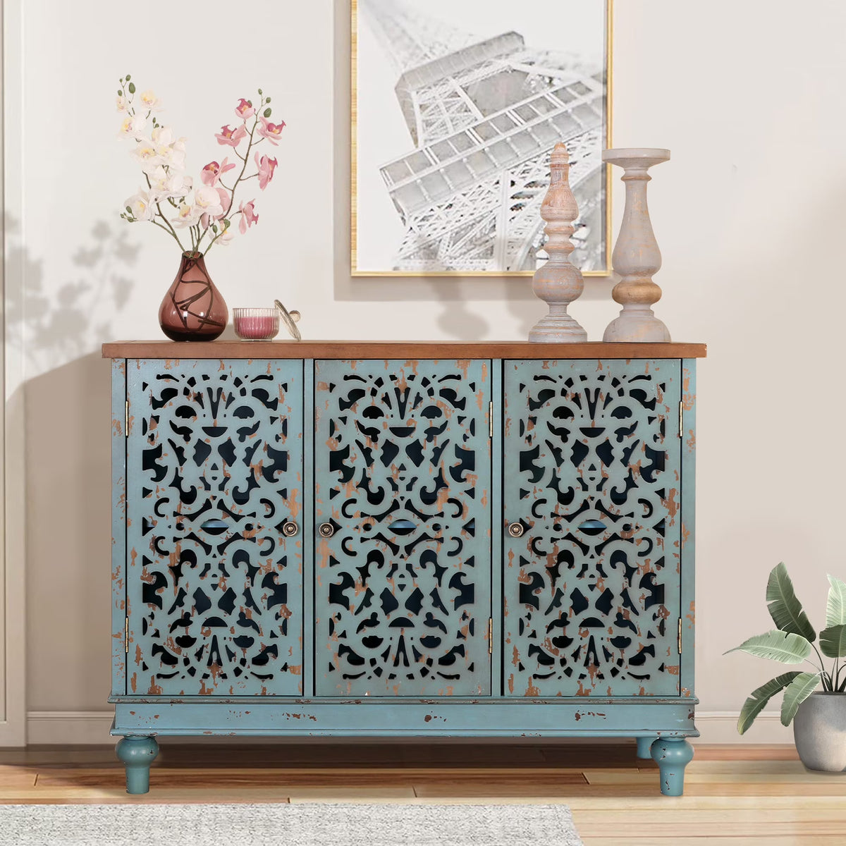 Nouveauté 2026 – Crédences et buffets sculptés creux Sophia & William , bois bleu, 2 étagères