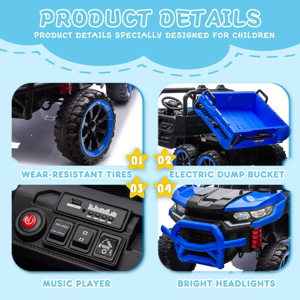 Nouveauté 2026 – Camion électrique Xuanlur 24V 2 places pour enfants , avec moteur 2x200W, benne basculante/pelle, pneus résistants, lumières LED, musique et télécommande, noir