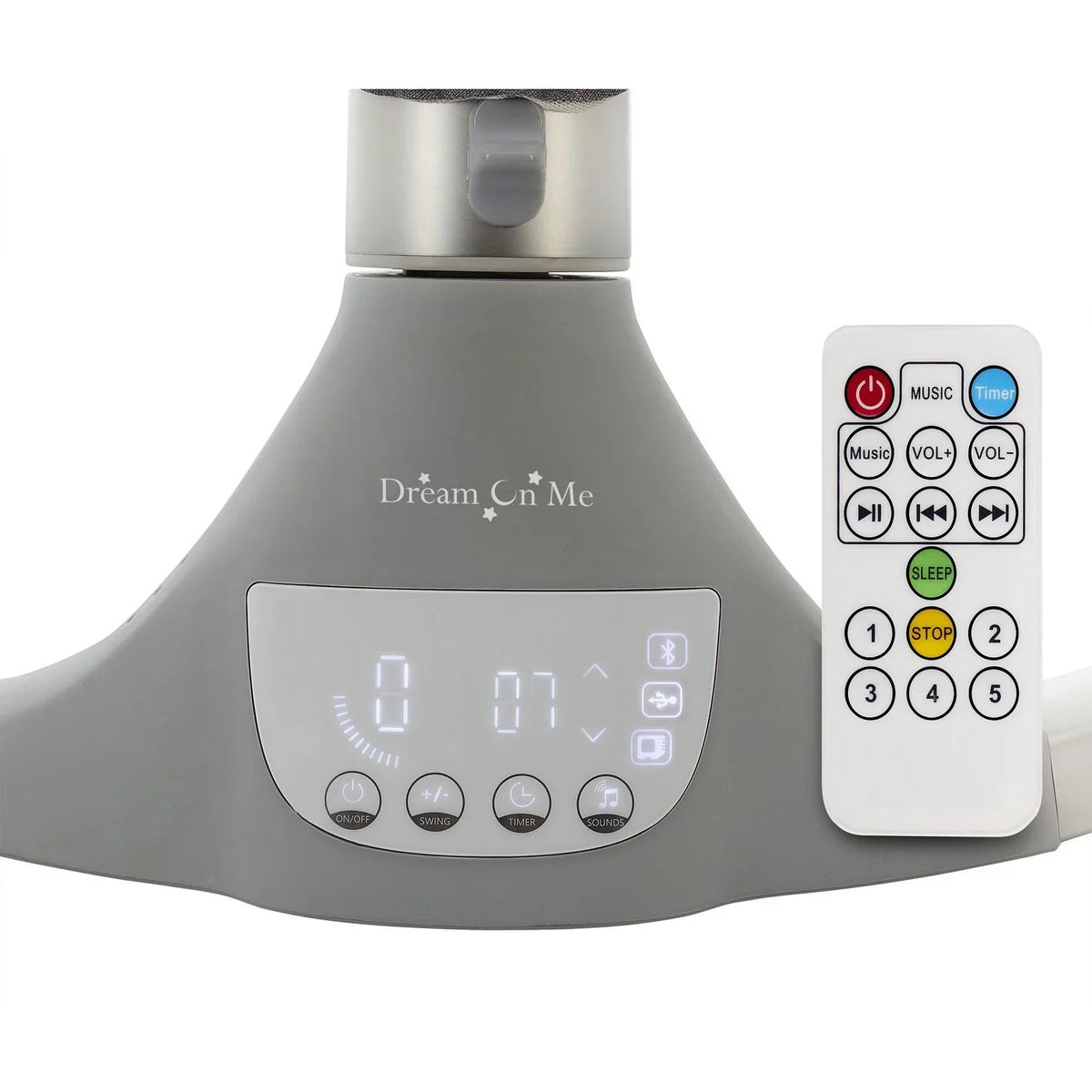Nouveauté 2026 – Balancelle pour bébé Dream On Me Zazu . Balancelle pour nourrisson. 5 vitesses de balancement. Deux jouets intégrés. Connectivité Bluetooth et télécommande. Gris et bleu