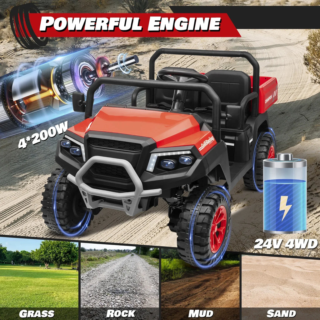 Nouveauté 2026 – Joyracer , véhicule tout-terrain électrique (UTV) 24 volts pour enfants, 2 places, avec télécommande. Voiturette de golf électrique avec 4 moteurs de 200 W, remorque inclinable et pelle, suspension à ressorts sur les 4 roues, musique
