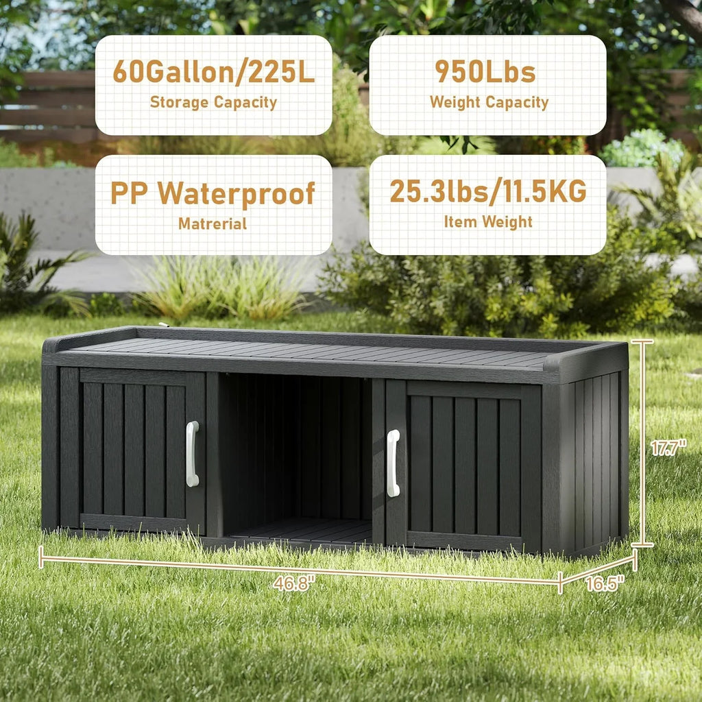 Nouveauté 2026 – Meuble de rangement à chaussures d'extérieur KAMABOKO , banc de rangement étanche et résistant aux UV pour entrée, intérieur et extérieur, avec 2 portes coulissantes de style grange et étagères réglables pour entrée, chambre, couloir