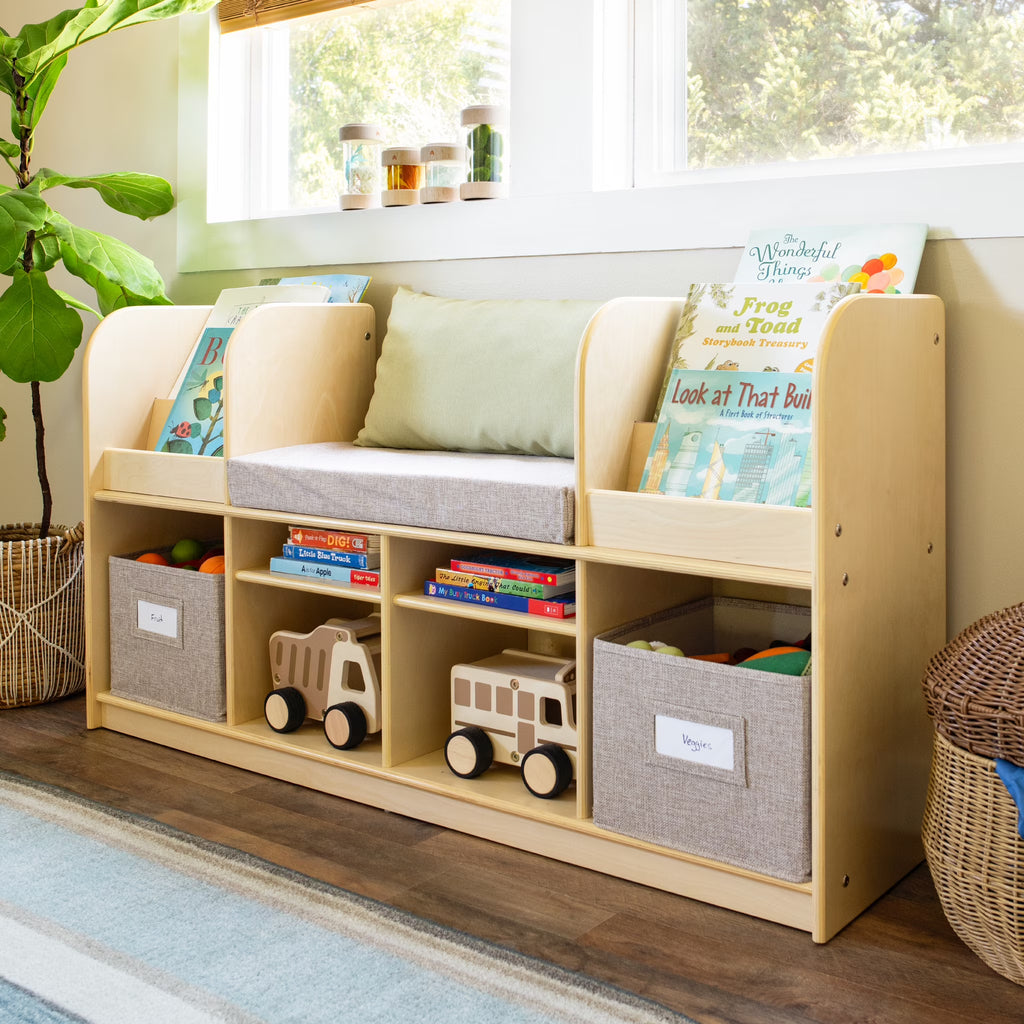 Nouveauté 2026 – Coin lecture EdQ de Guidecraft - Naturel : Banc de lecture en bois pour chambre d'enfant, étagère à livres, rangement pour jouets et cubes de rangement