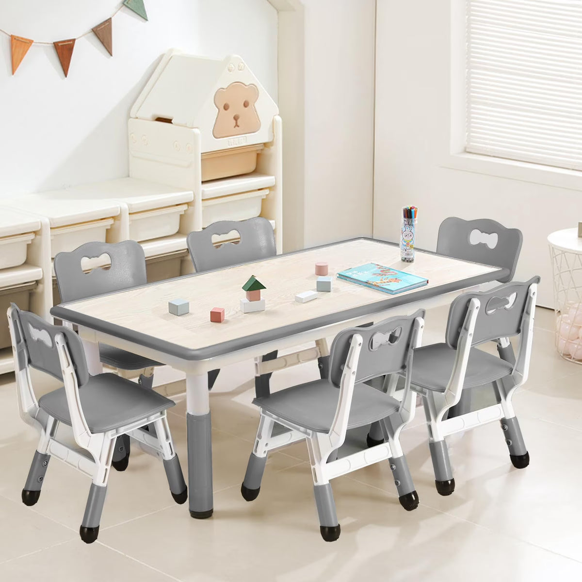 Nouveauté 2026 – Ensemble table et chaises pour enfants TROPOW , table réglable en hauteur pour tout-petits et 6 chaises, table multi-activités avec plateau à motifs graffiti et pieds antidérapants pour les enfants de 2 à 10 ans, idéale pour les gard
